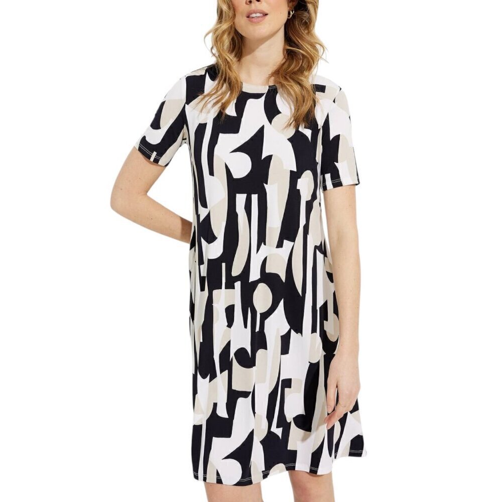 Joseph Ribkoff Black White Beige Multi Shape Dress Sz 10